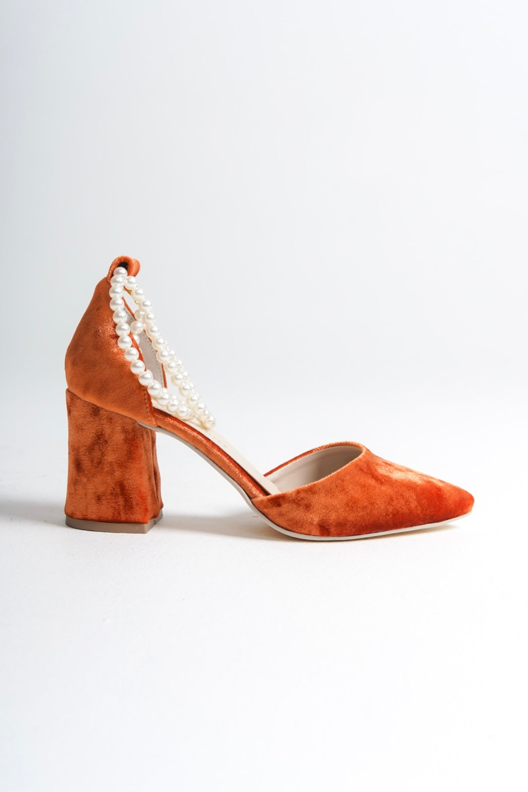 Pearl Olivia | Orange Velvet High Heels with Pearls