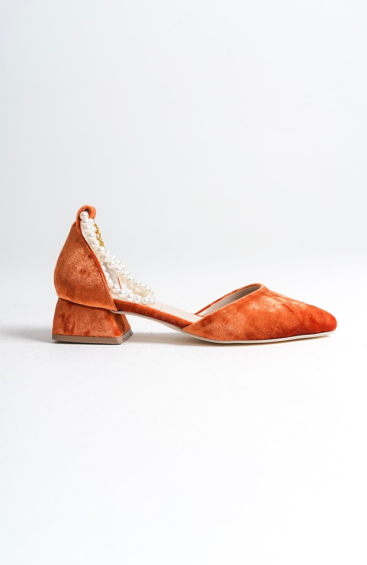 Trine | Orange Velvet Low Heels with Pearls