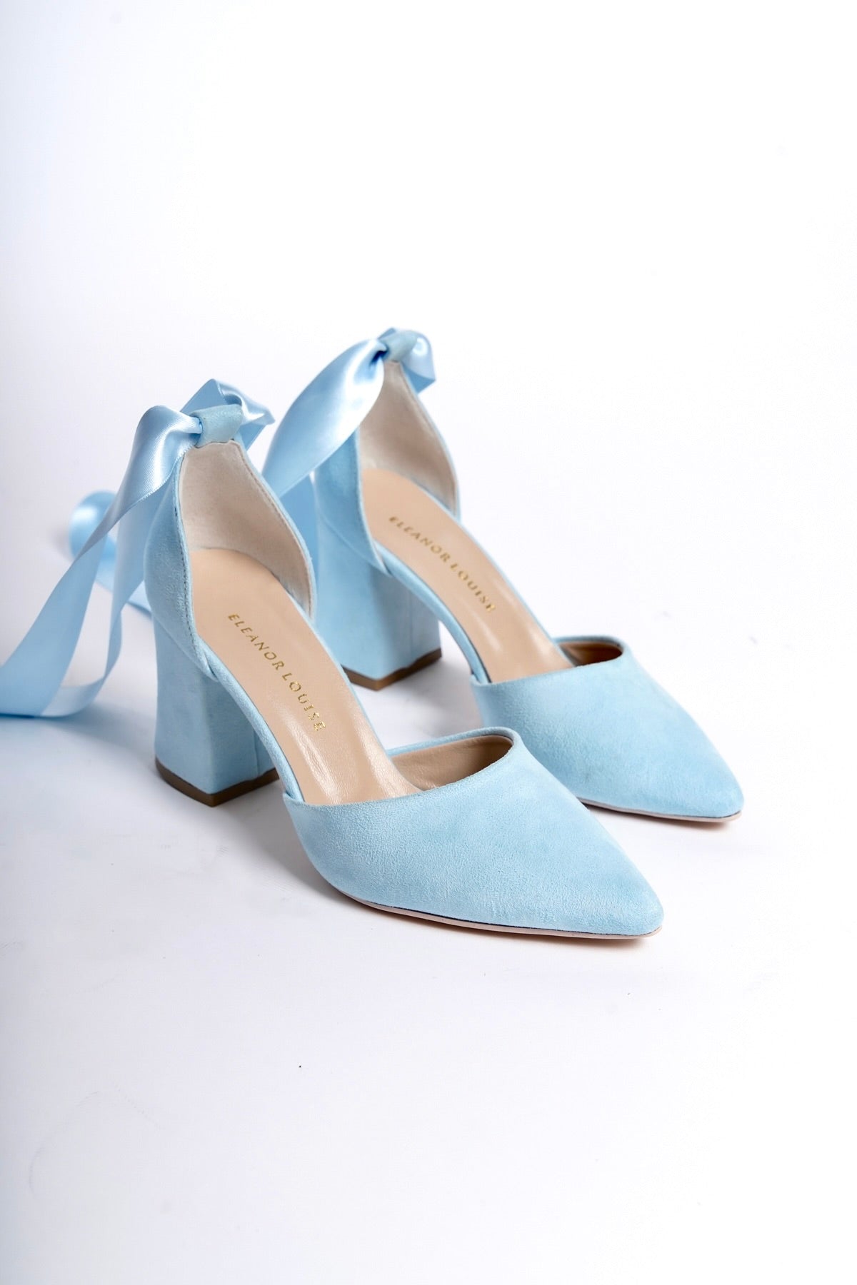 Märta | Baby Blue Suede High Heels with Ribbon