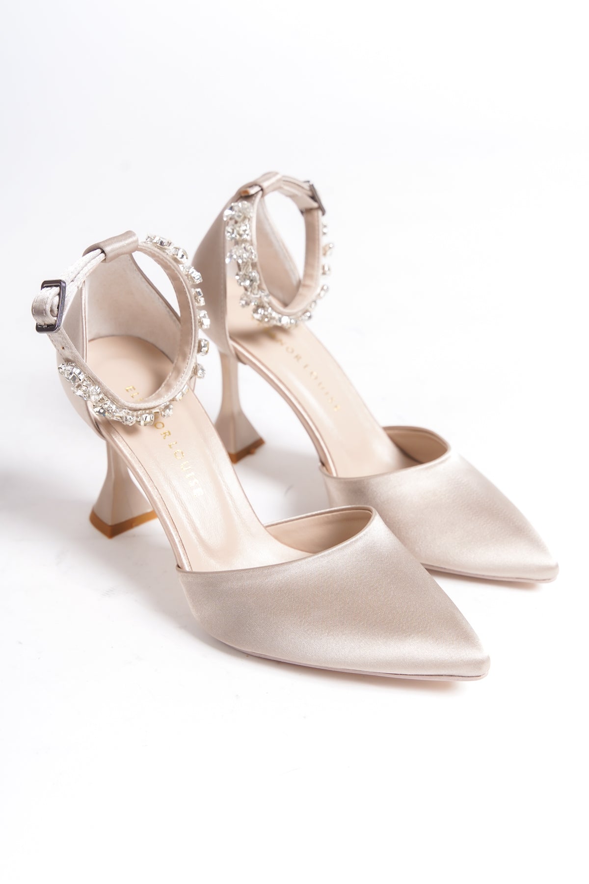 Eveloria | Beige Satin Crystal Rhinestone Stiletto Heels