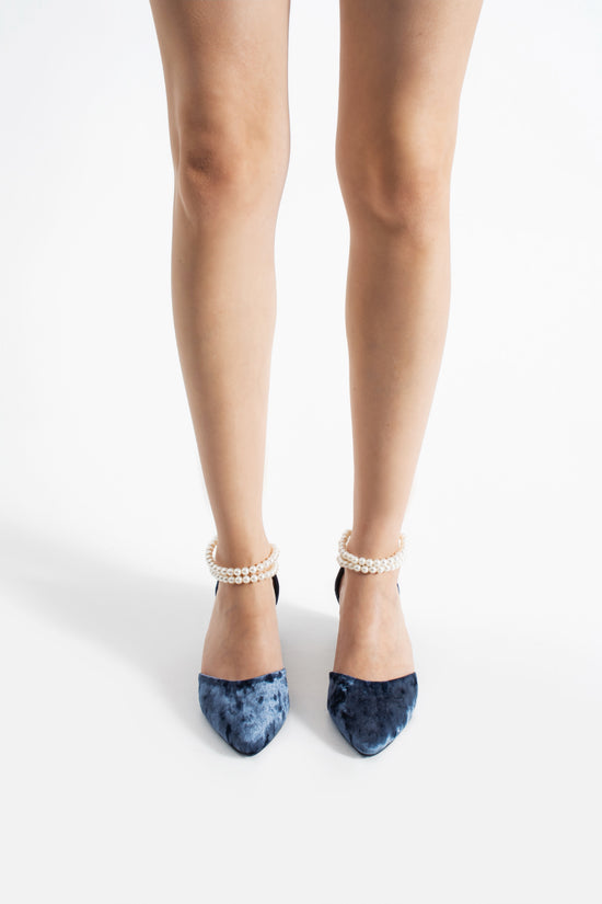 Sneha | Indigo Blue Velvet Mid Heels with Pearls
