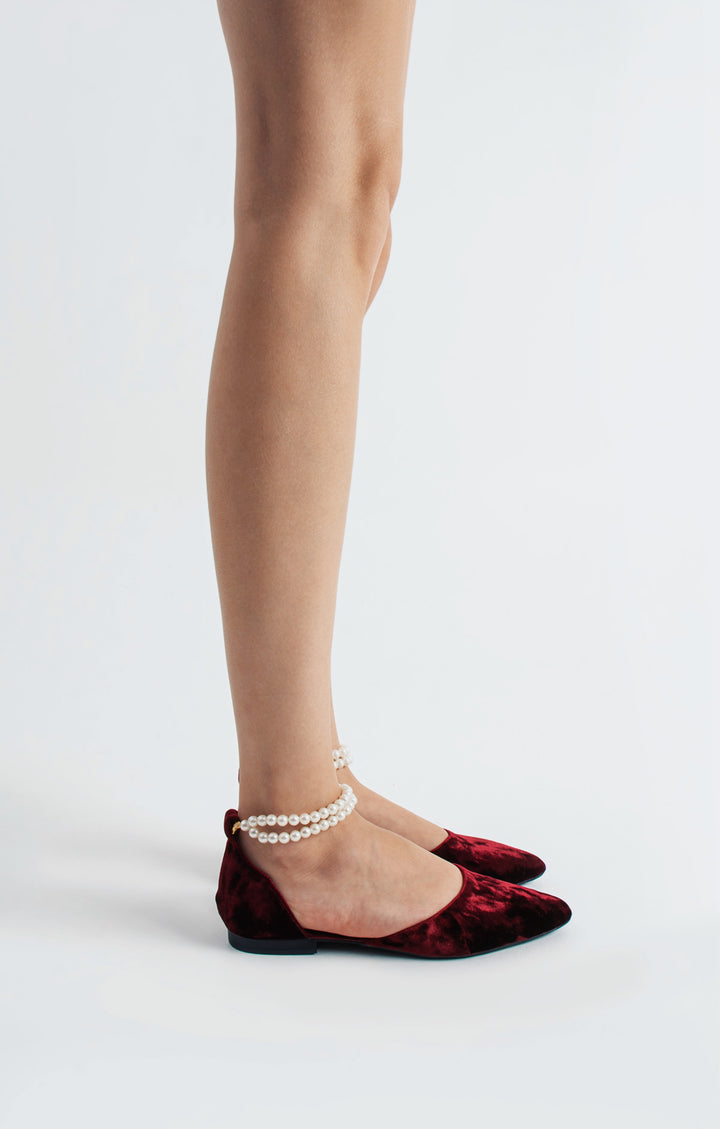 Agnes | Burgundy Velvet Flats with Pearls