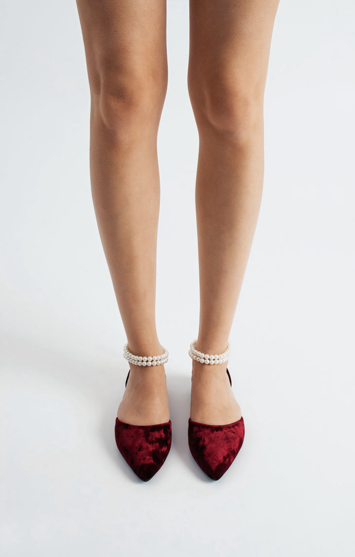 Agnes | Burgundy Velvet Flats with Pearls