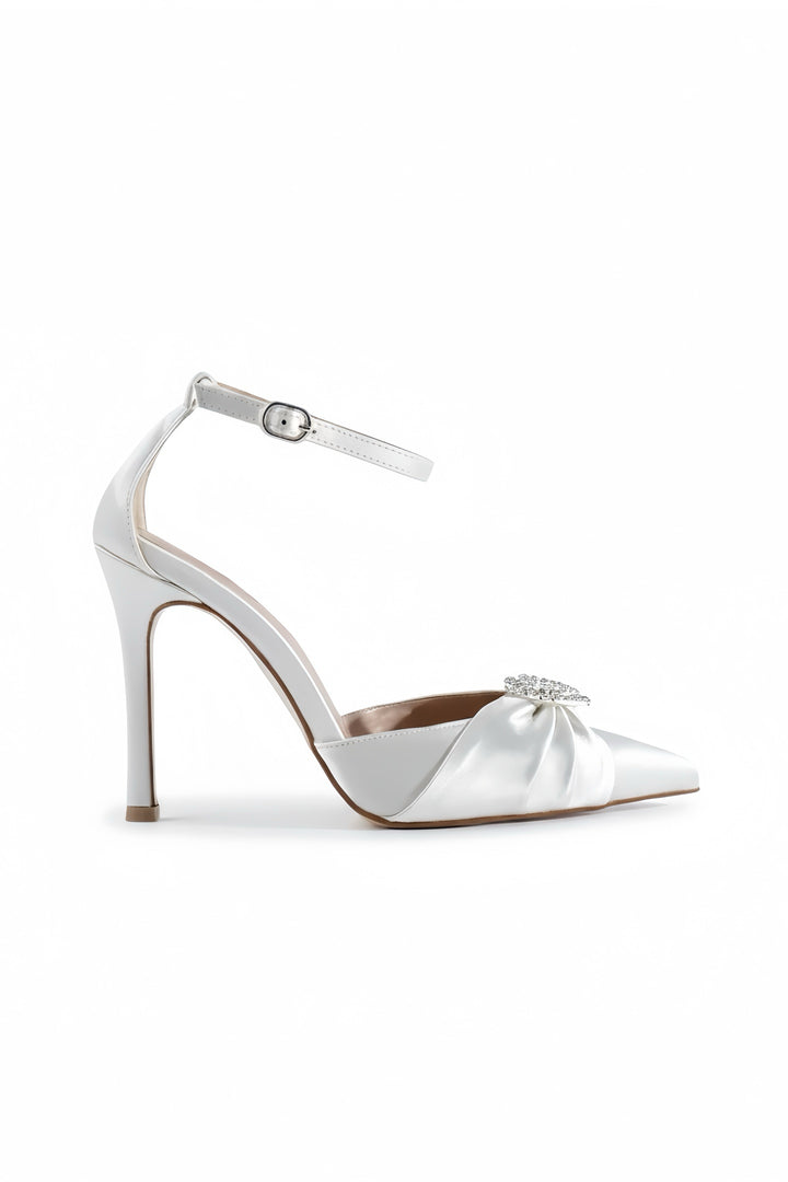 Carla | Ivory Satin High Heels Bow with Heart Stone