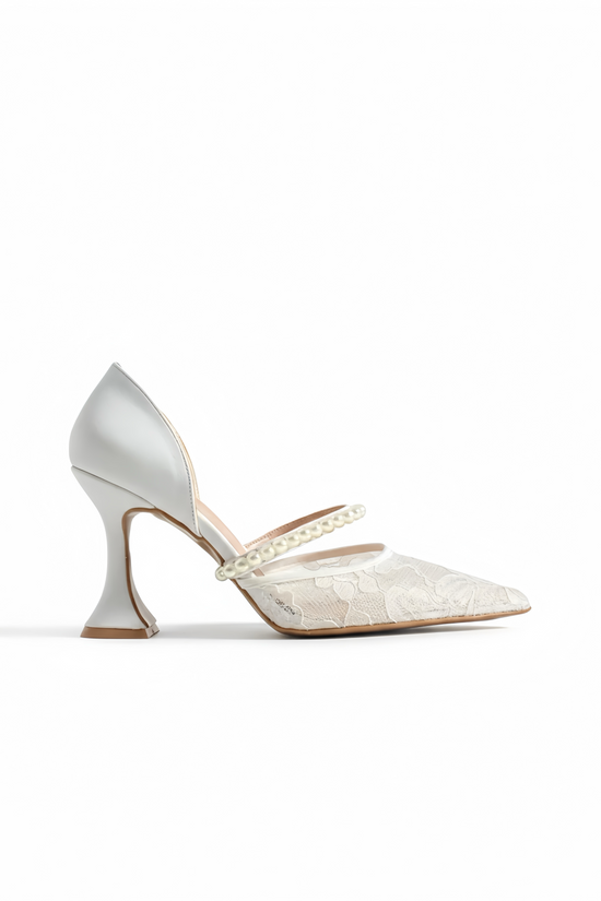Janice | Ivory Lace High Heels with Pearl Strap