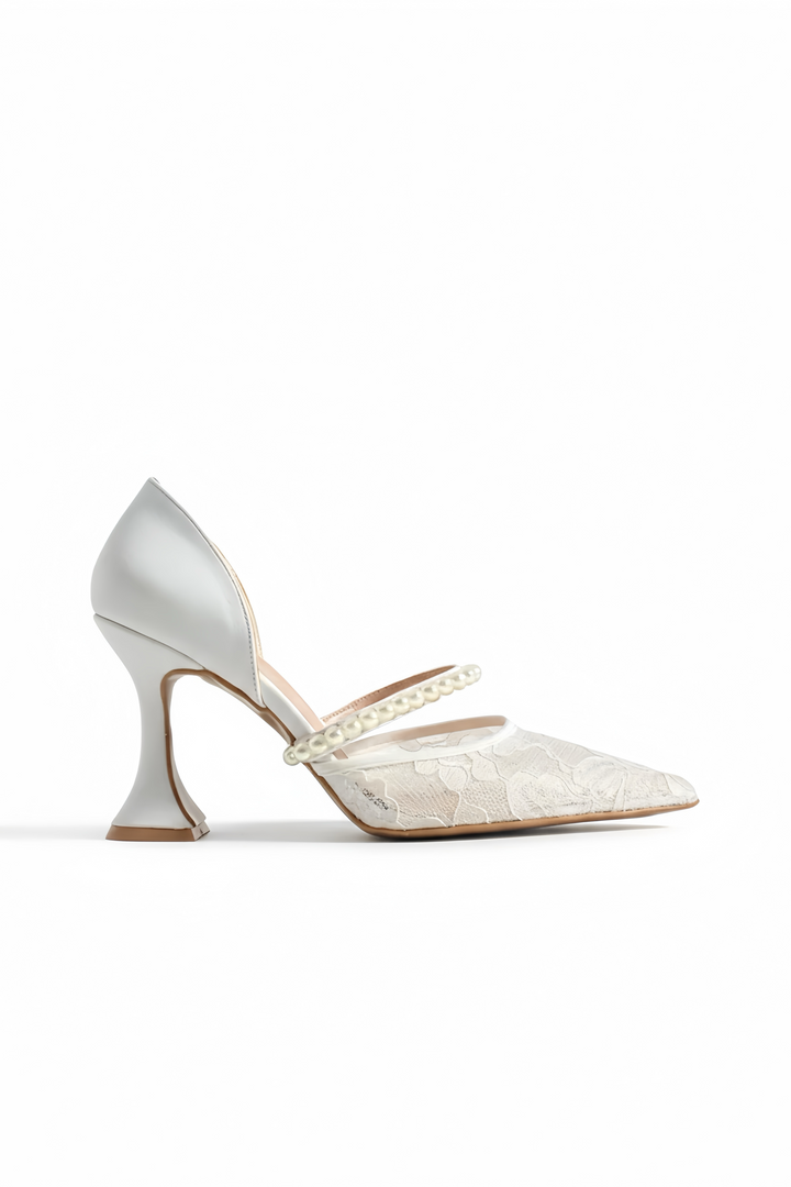Janice | Ivory Lace High Heels with Pearl Strap