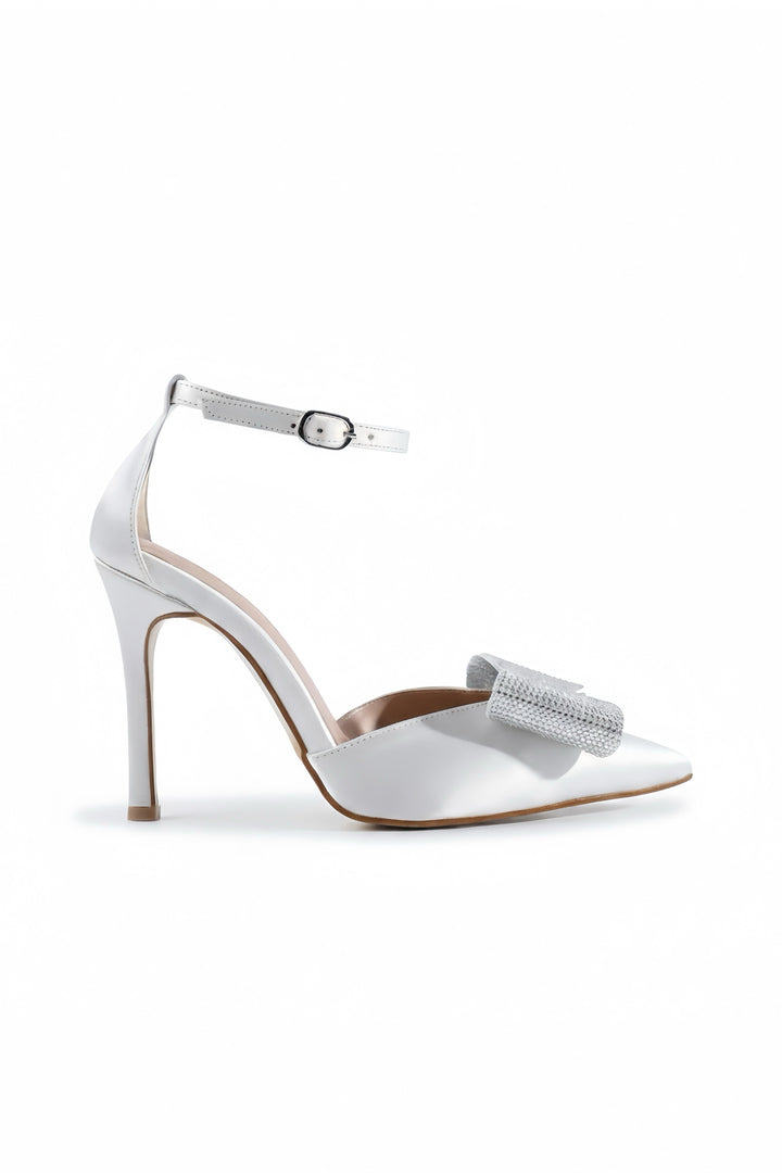 Jill | Ivory Satin High Heels with Rhinestone Bow