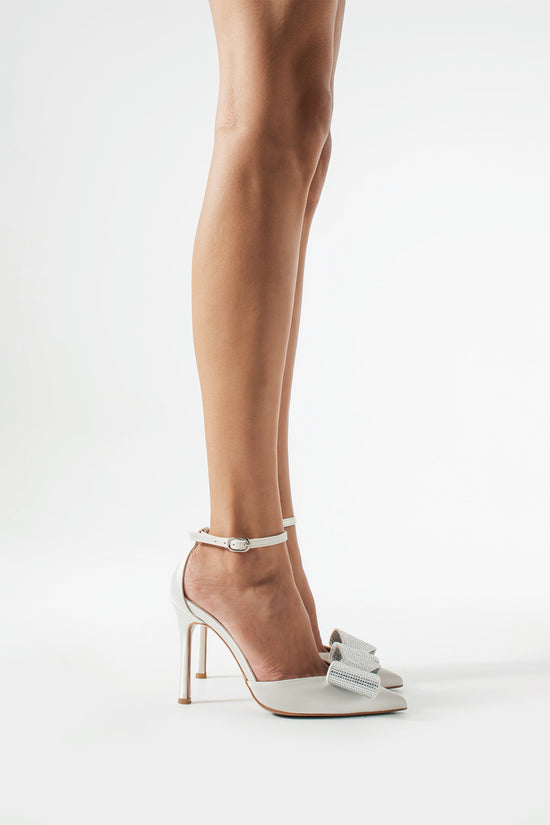 Jill | Ivory Satin High Heels with Rhinestone Bow