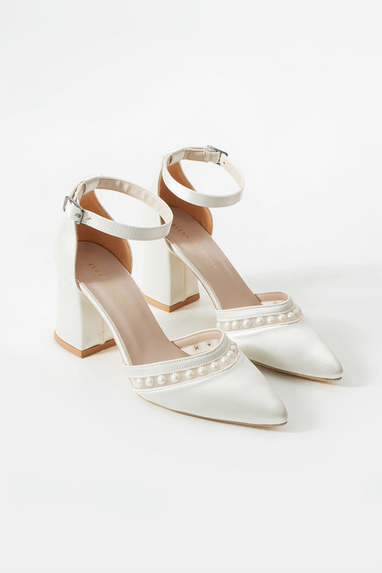 Kathleen | Ivory Satin High Heels with Pearls