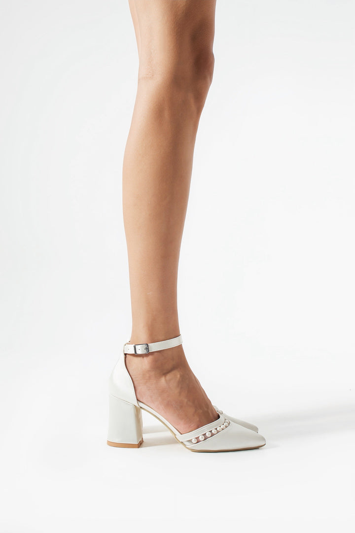 Kathleen | Ivory Satin High Heels with Pearls