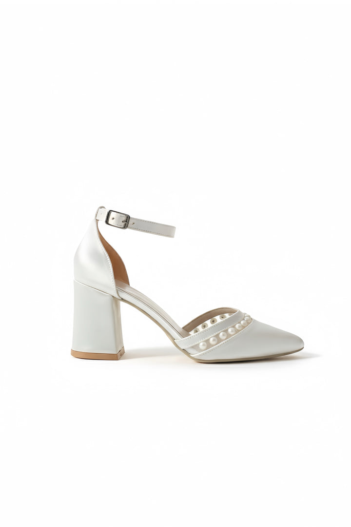 Kathleen | Ivory Satin High Heels with Pearls