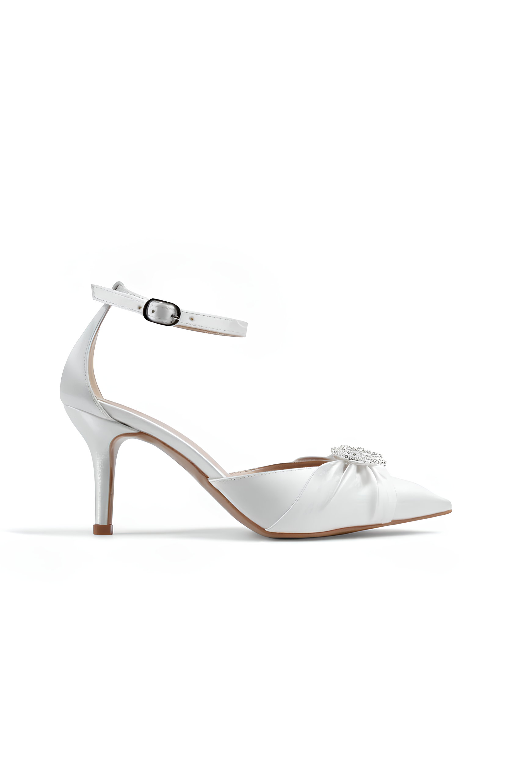 Léonie | Ivory Satin Mid Heels Bow with Heart Stone