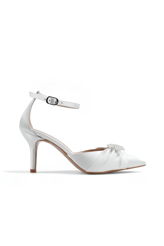 Léonie | Ivory Satin Mid Heels Bow with Heart Stone