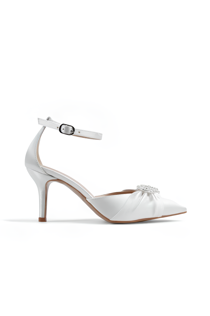 Léonie | Ivory Satin Mid Heels Bow with Heart Stone