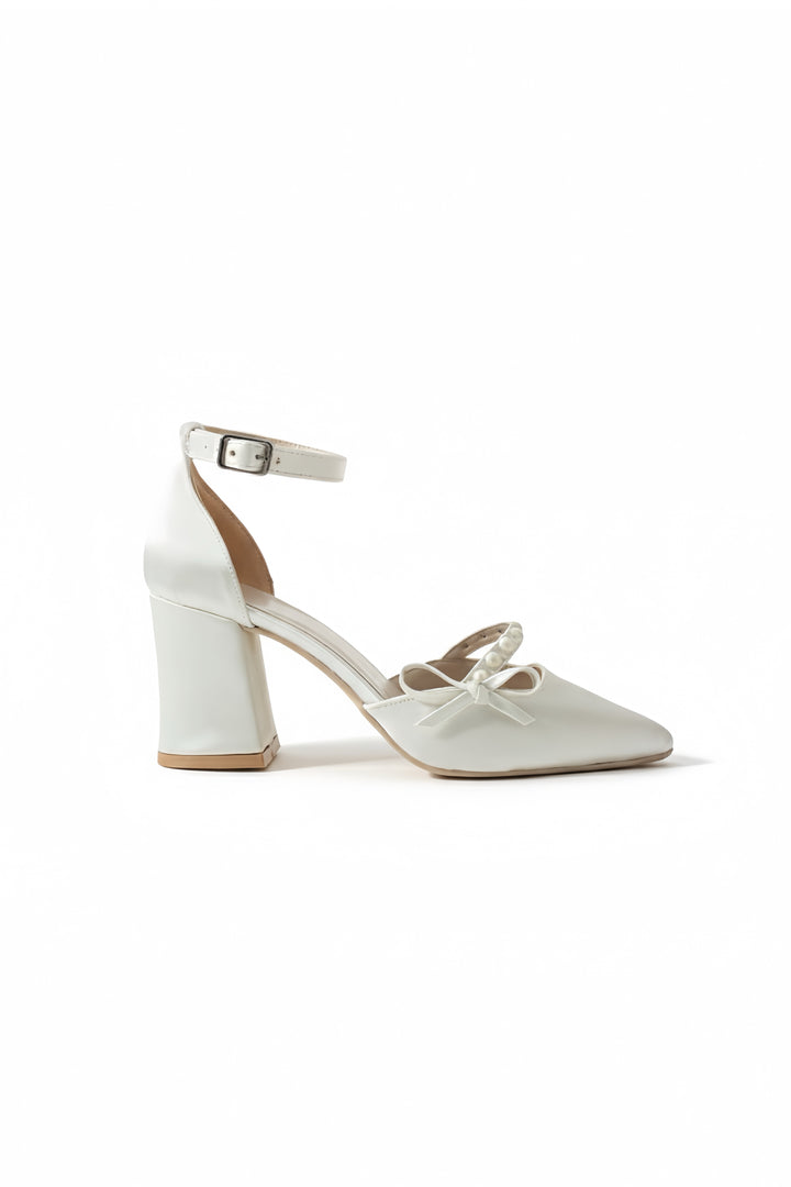 Linda | Ivory Satin Bow High Heels with Pearls