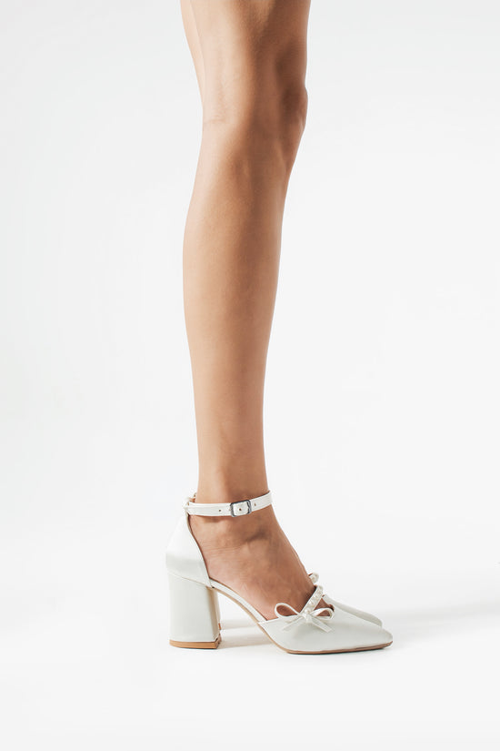 Linda | Ivory Satin Bow High Heels with Pearls