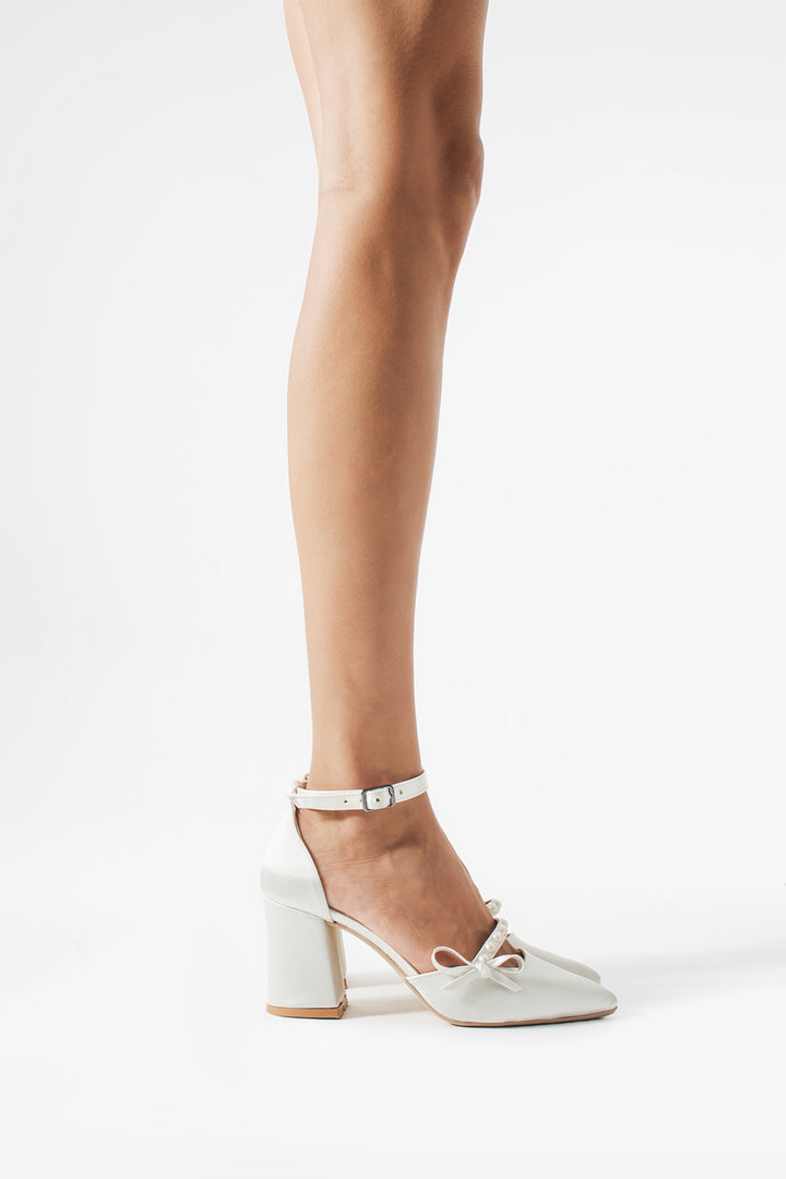 Linda | Ivory Satin Bow High Heels with Pearls