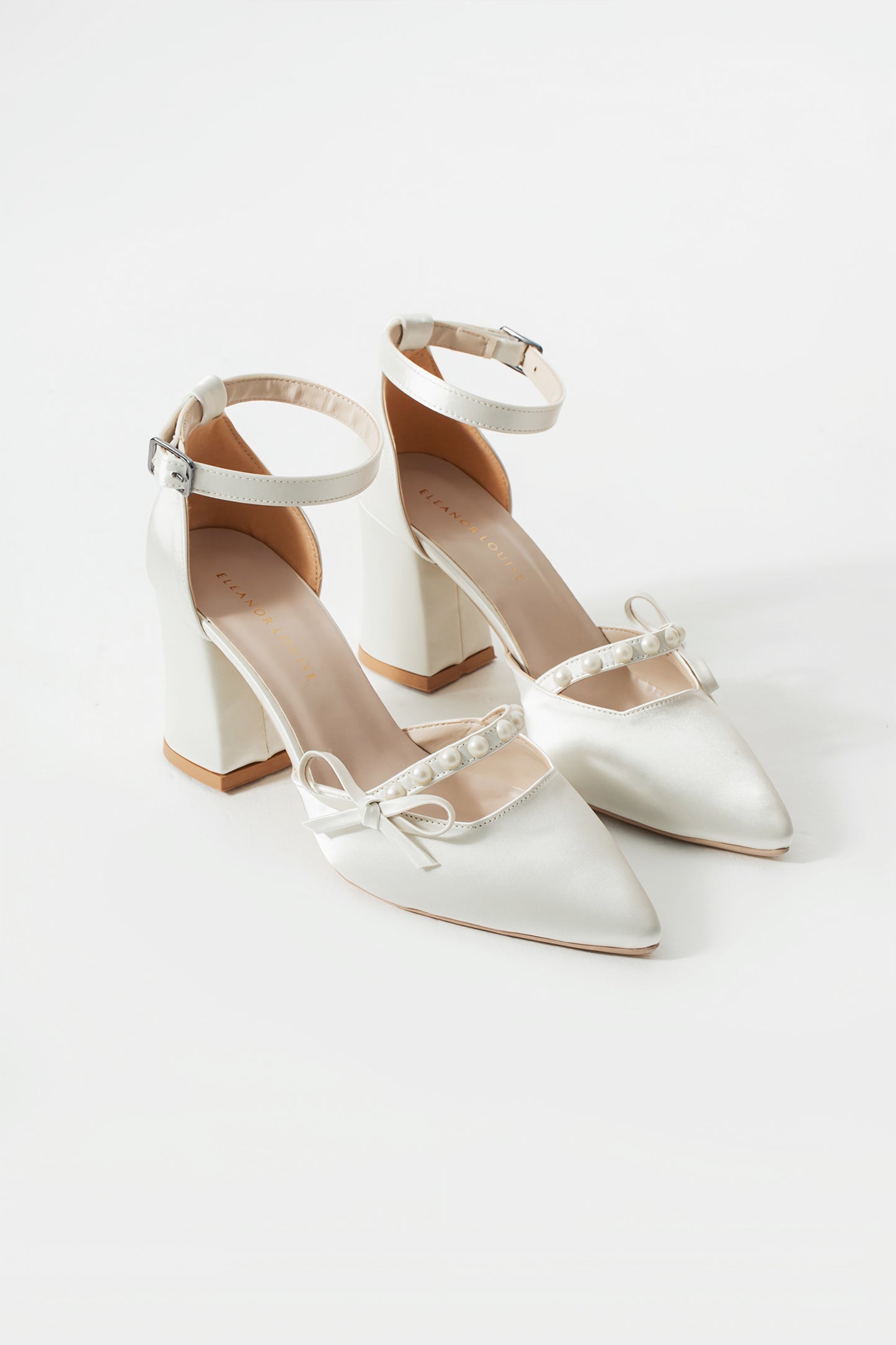Linda | Ivory Satin Bow High Heels with Pearls