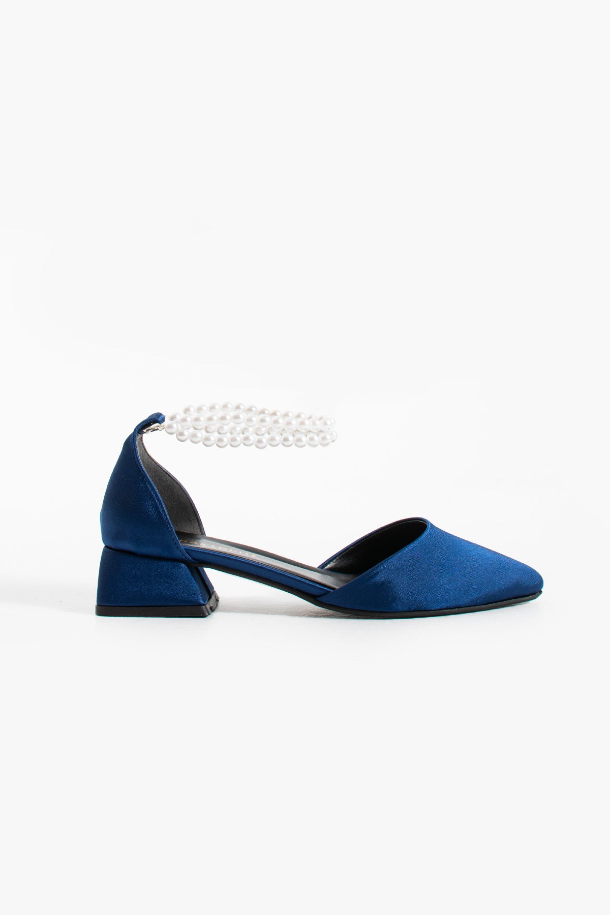 Maayan | Navy Blue Satin Low Heels with Pearls