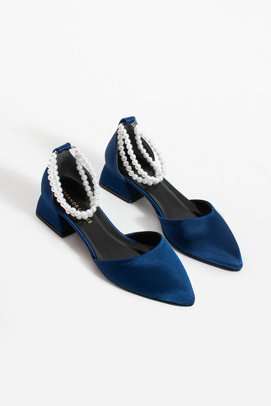 Maayan | Navy Blue Satin Low Heels with Pearls