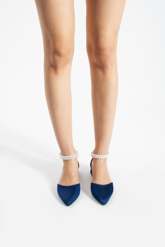 Maayan | Navy Blue Satin Low Heels with Pearls