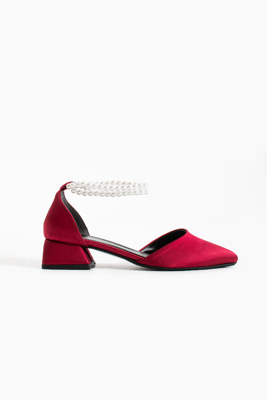 Meira | Burgundy Satin Low Heels with Pearls