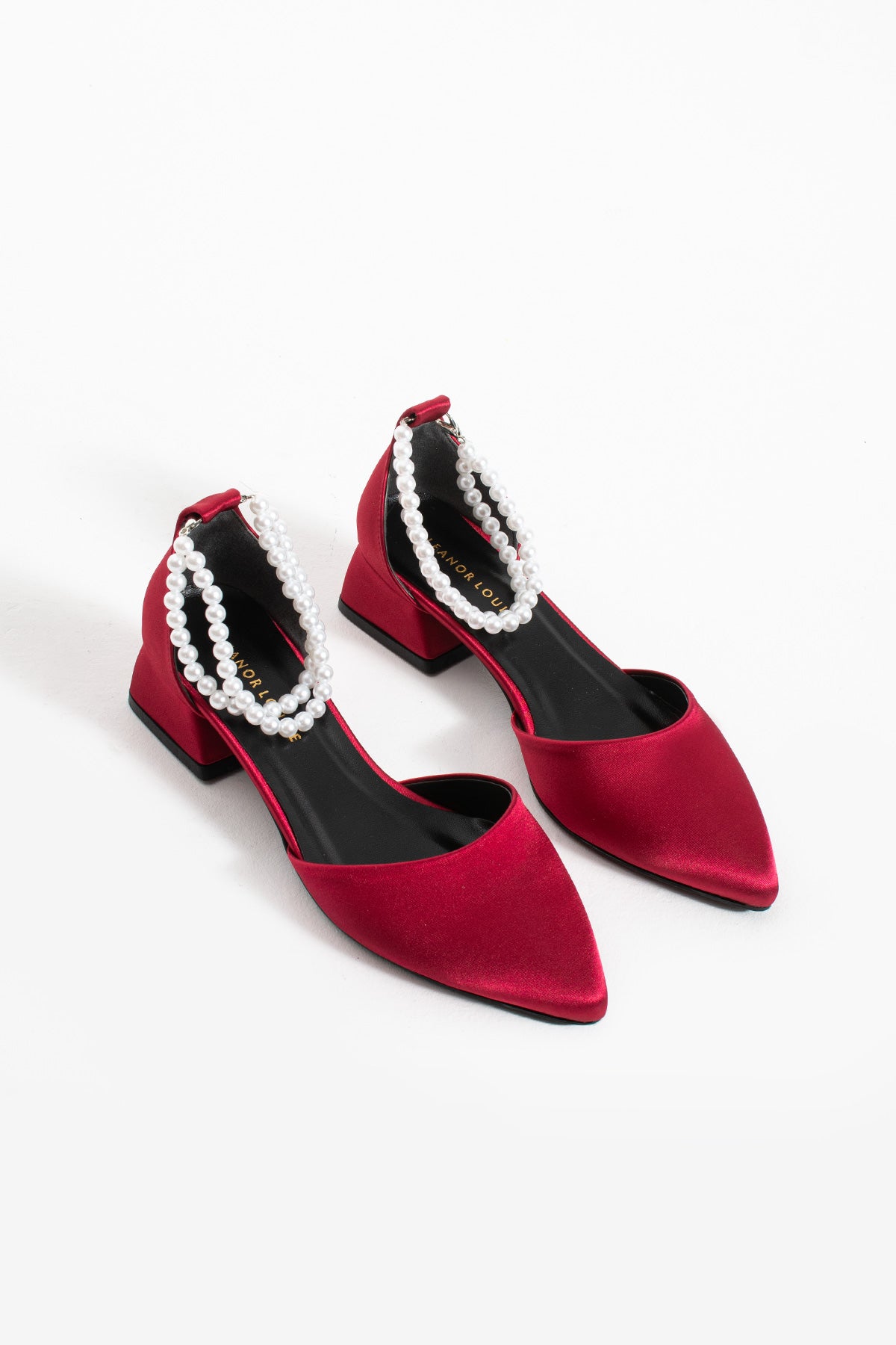 Meira | Burgundy Satin Low Heels with Pearls