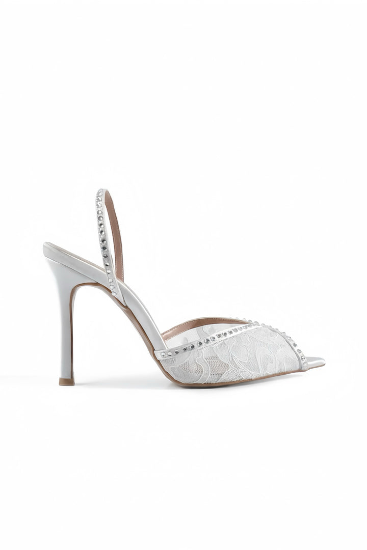 Monica | Ivory Lace Open-Toe High Heels with Rhinestone