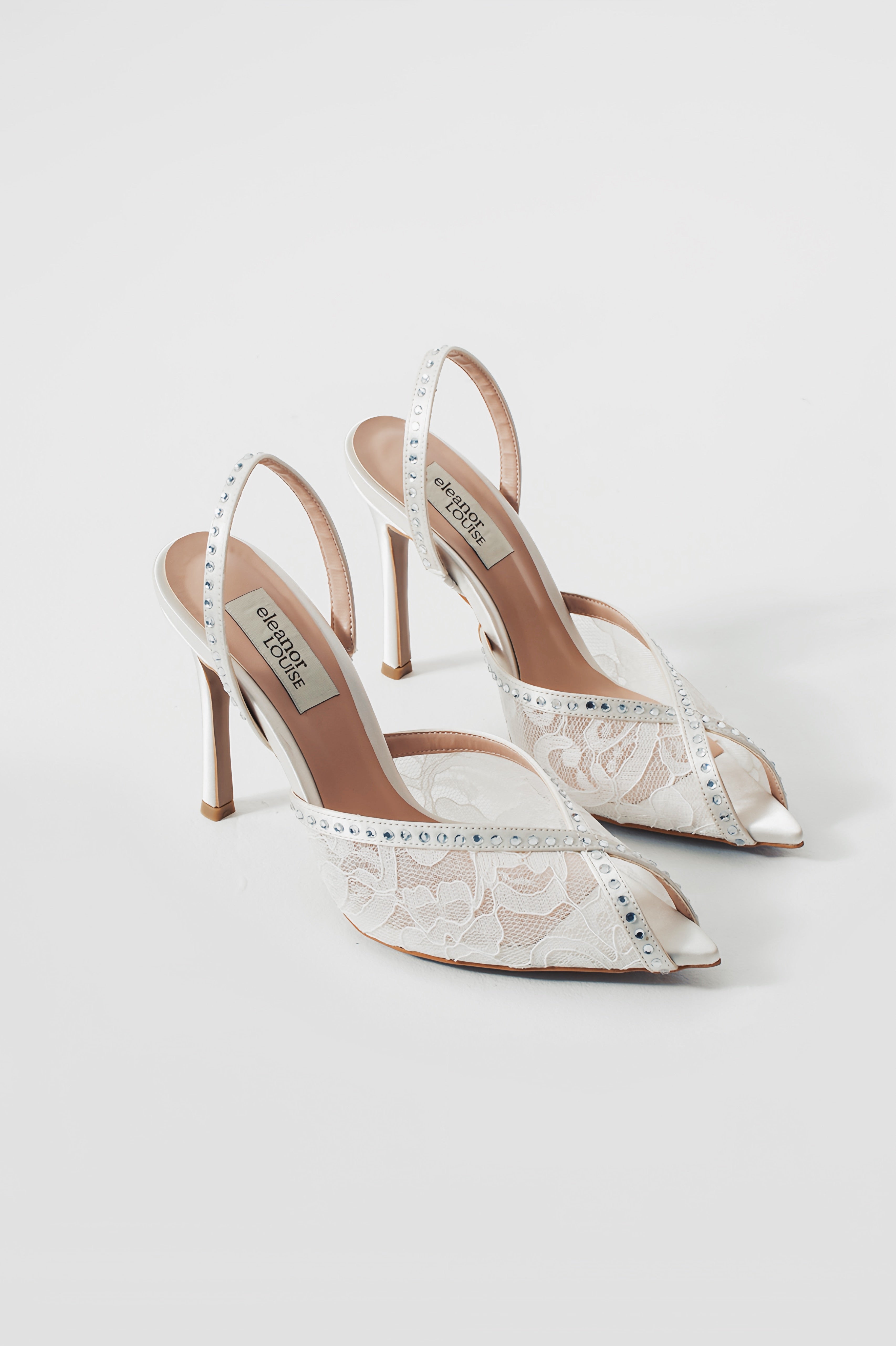 Monica | Ivory Lace Open-Toe High Heels with Rhinestone