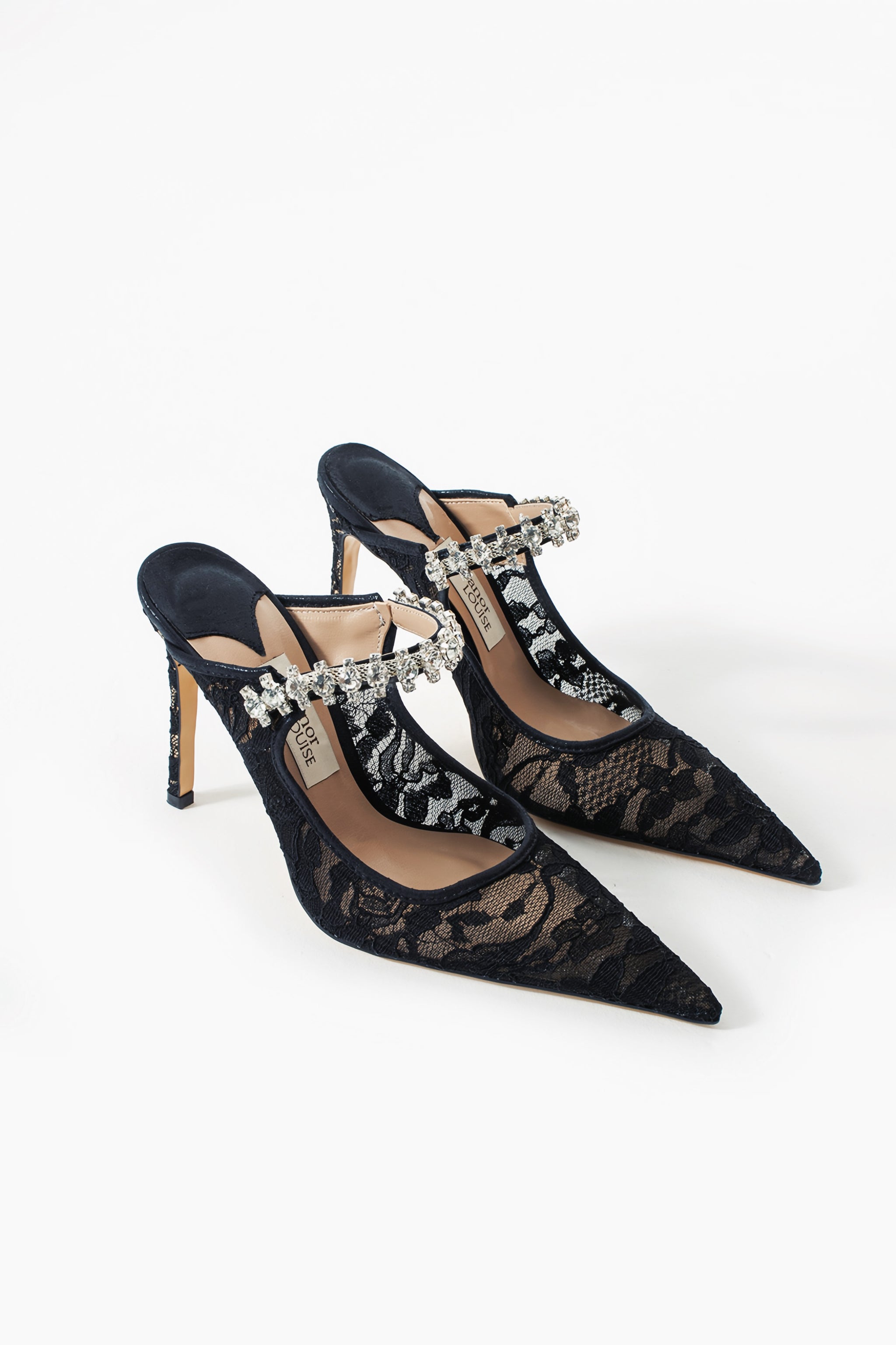 Nora | Black Lace High Heels with Rhinestone Strap