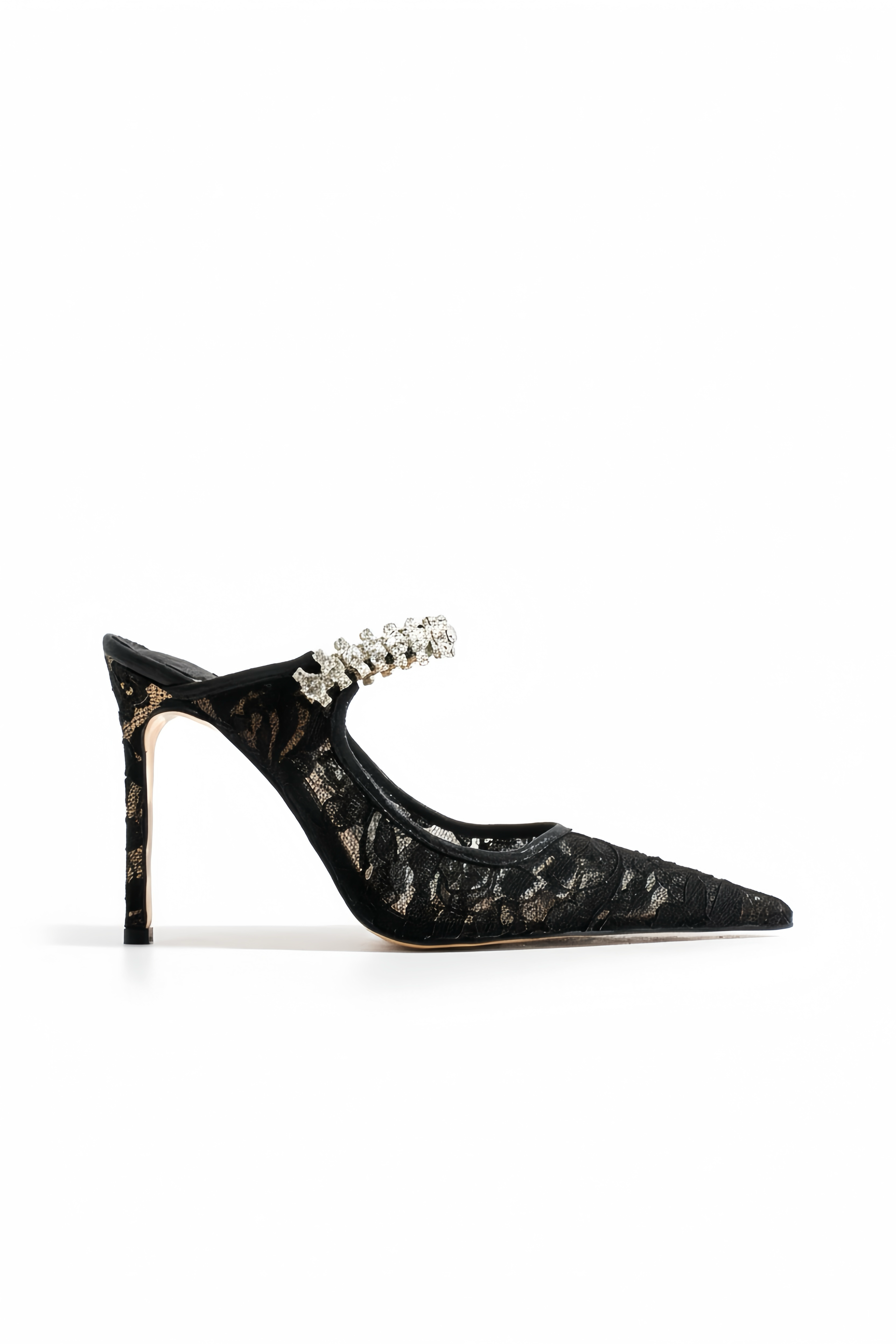 Nora | Black Lace High Heels with Rhinestone Strap