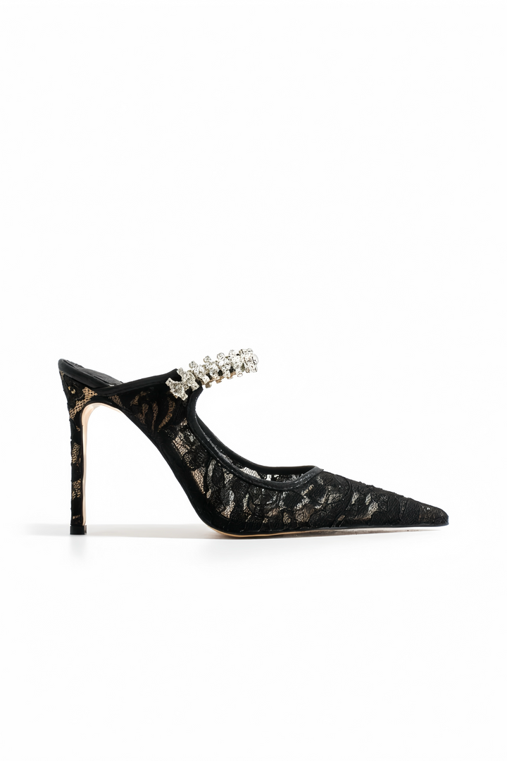 Nora | Black Lace High Heels with Rhinestone Strap