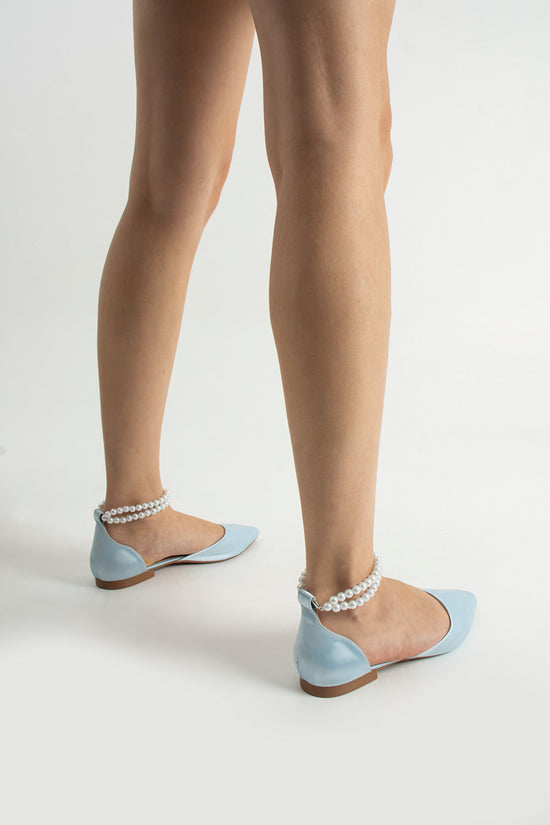 Swann | Baby Blue Satin Flats with Pearls