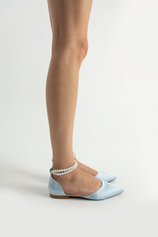 Swann | Baby Blue Satin Flats with Pearls