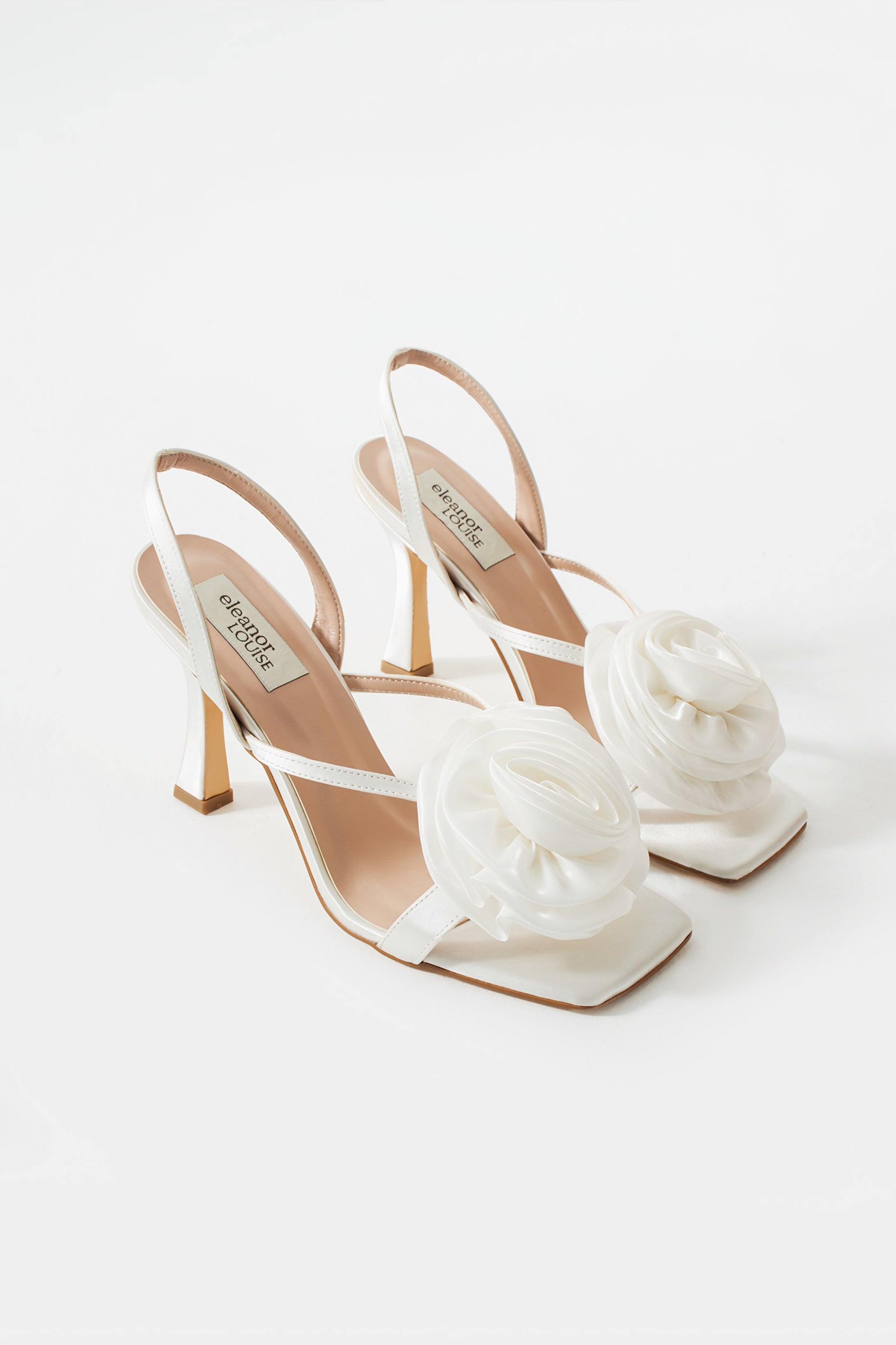 Reese | Light Ivory Satin High Heel Sandals with Rose