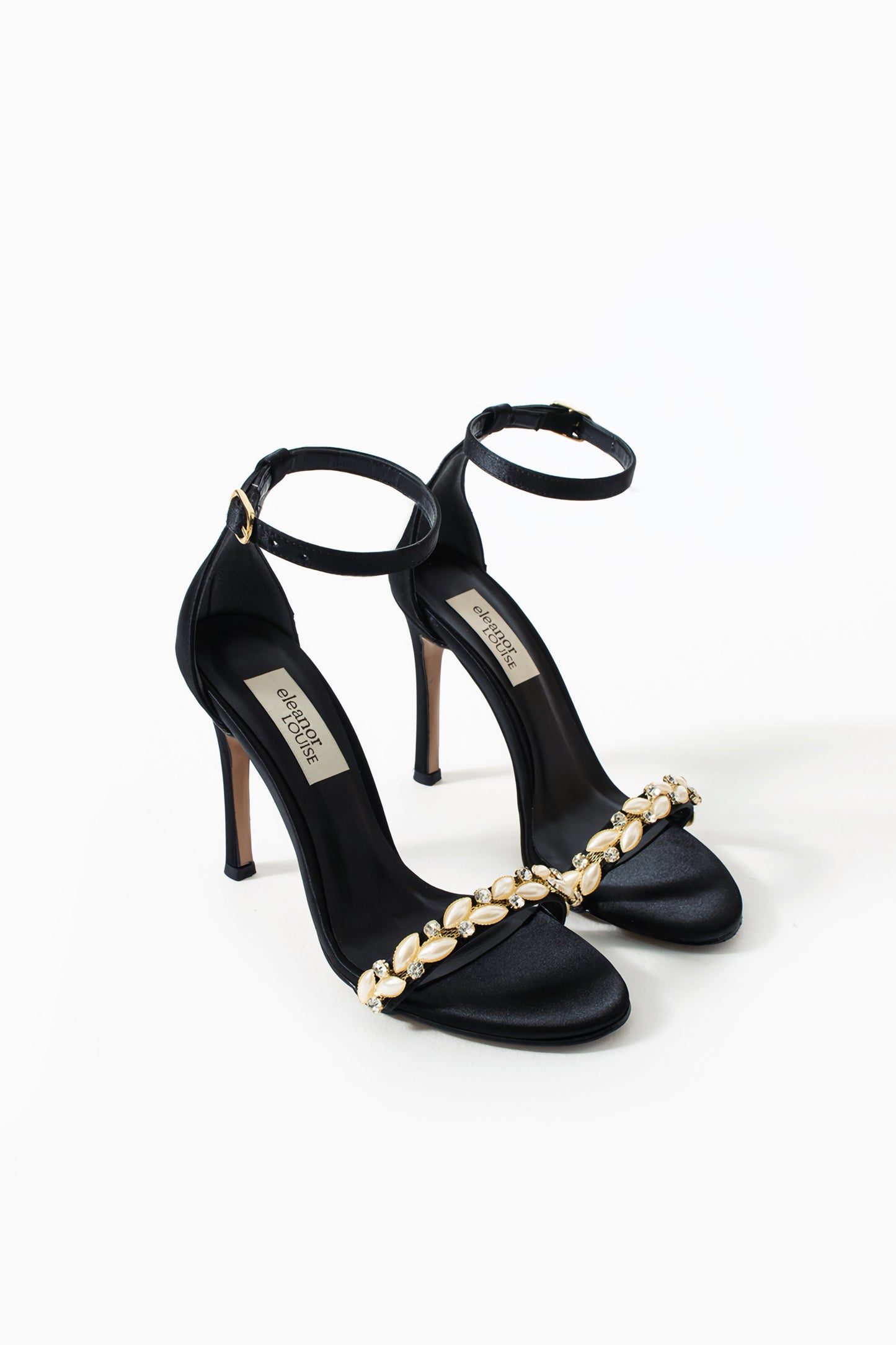 Scarlett | Black Satin High Heel Sandals with Pearl & Rhinestone