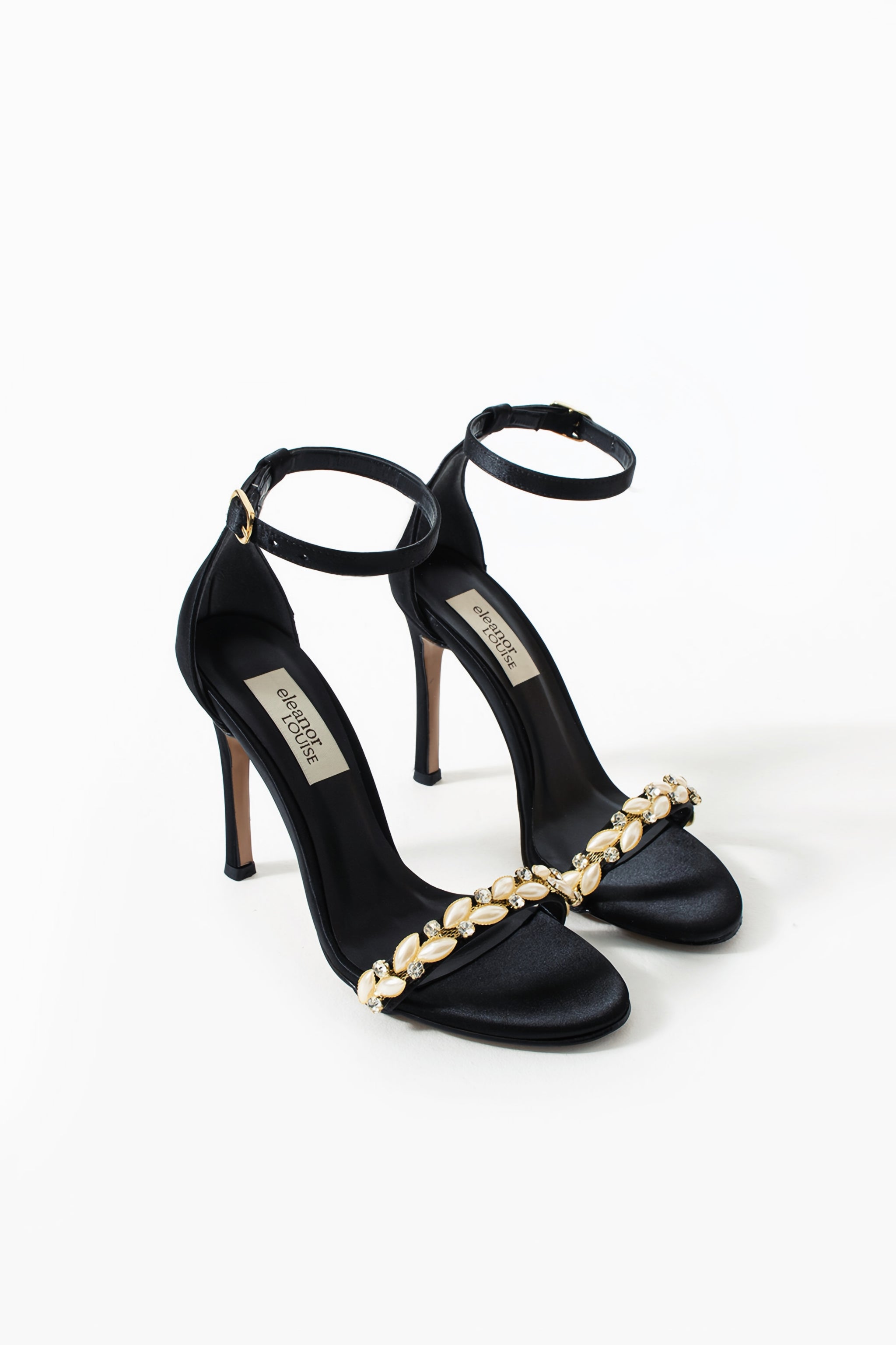 Scarlett | Black Satin High Heel Sandals with Pearl & Rhinestone