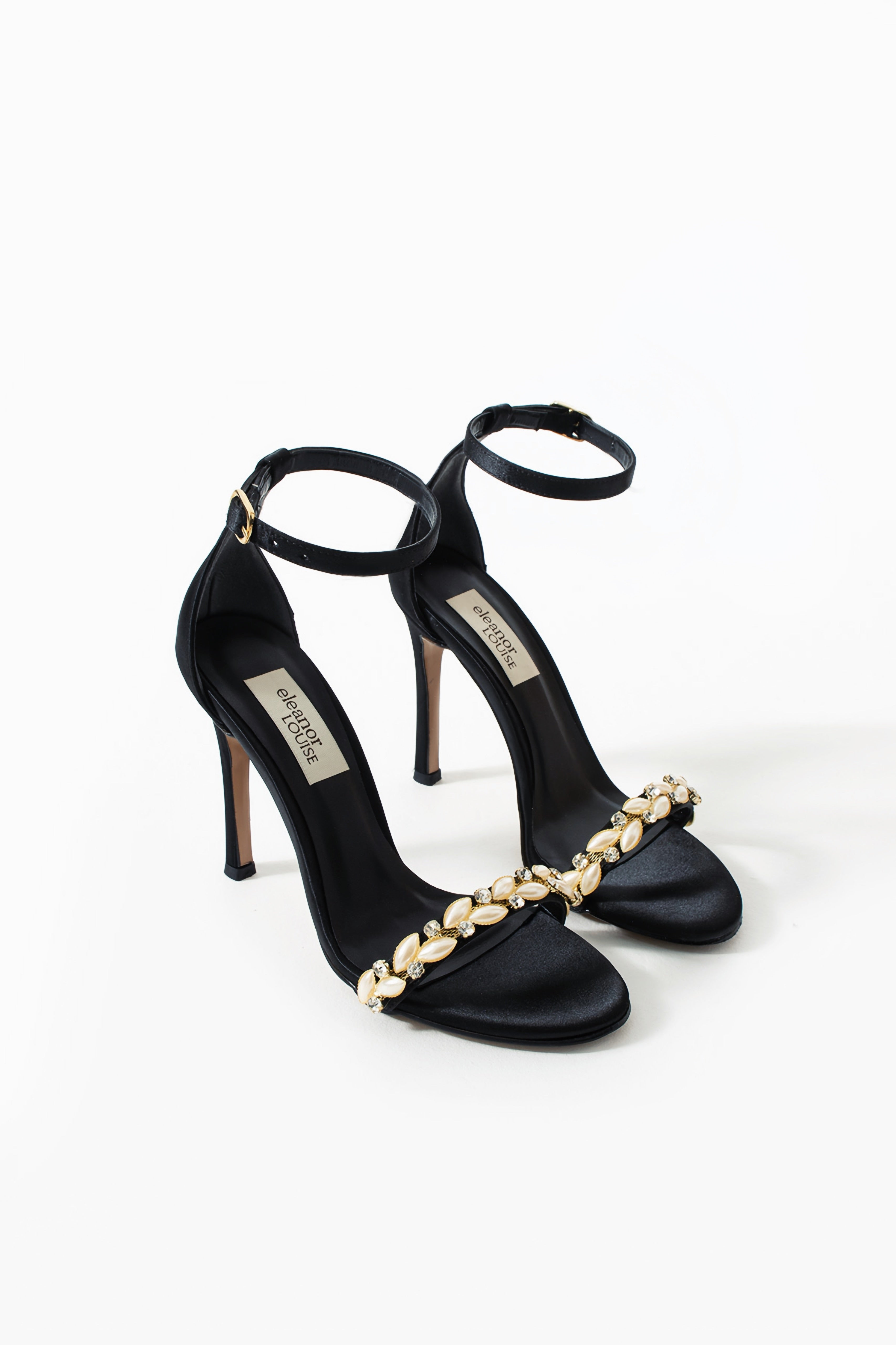 Scarlett | Black Satin High Heel Sandals with Pearl & Rhinestone