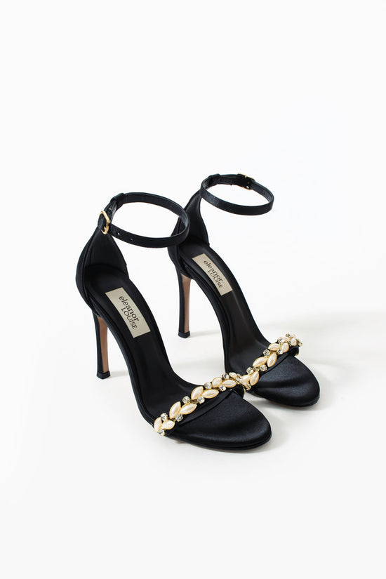 Scarlett | Black Satin High Heel Sandals with Pearl & Rhinestone