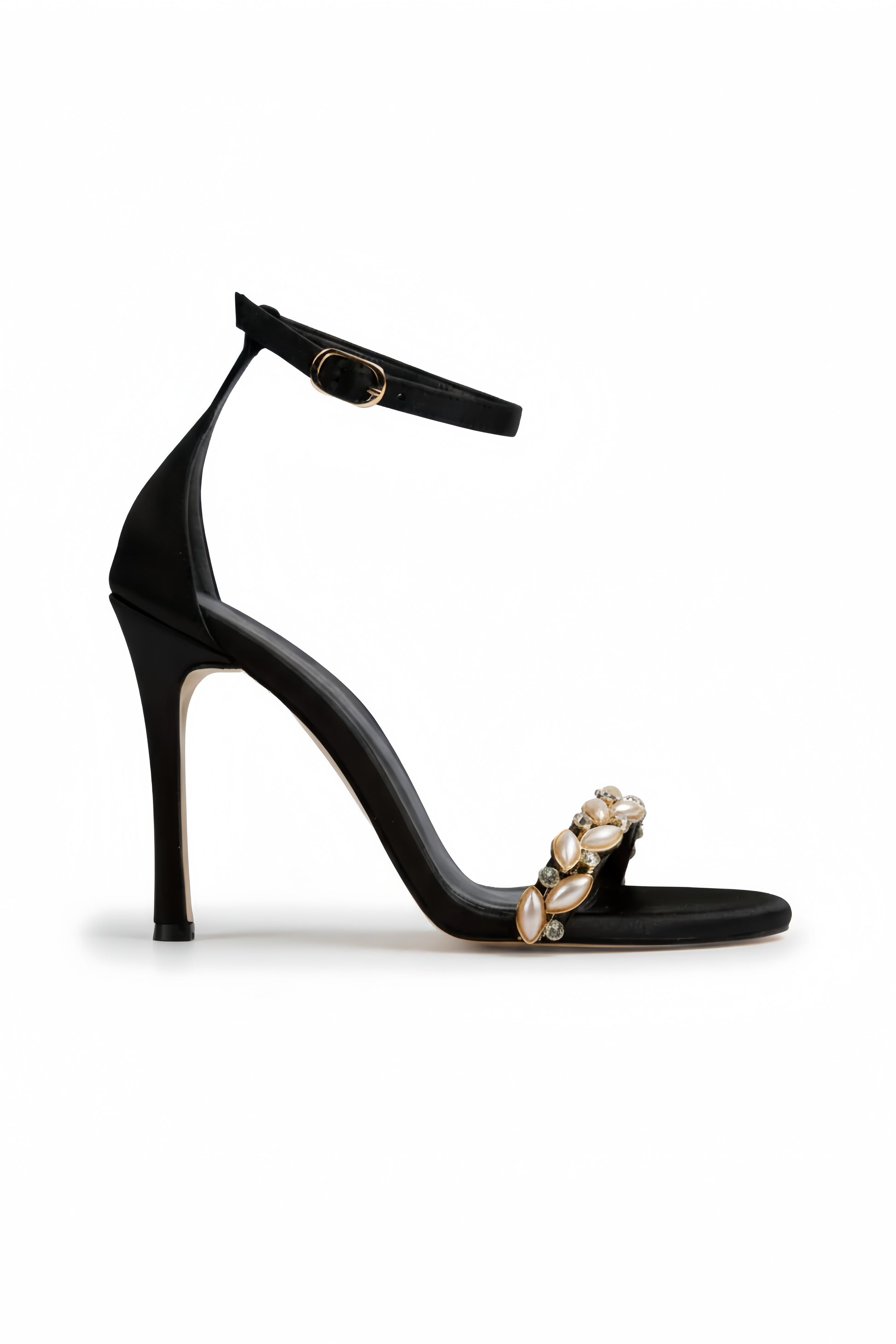 Scarlett | Black Satin High Heel Sandals with Pearl & Rhinestone