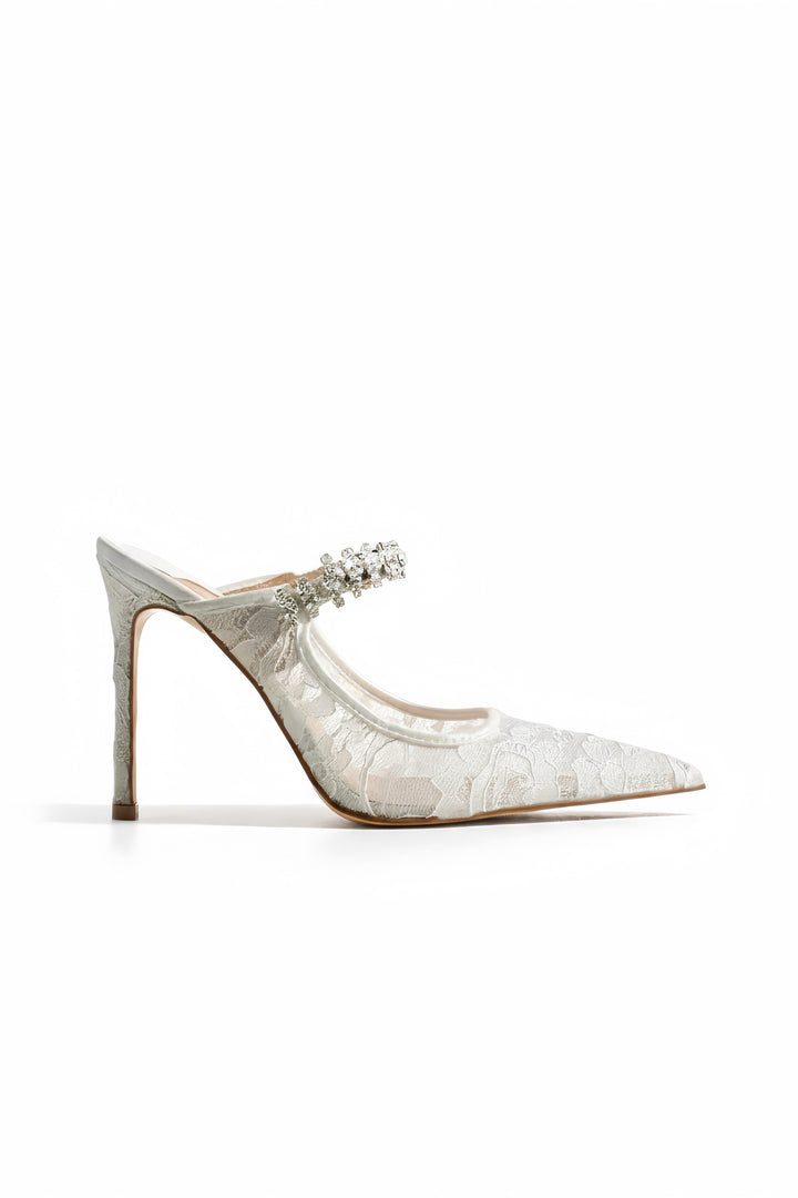 Serena | Ivory Lace High Heels with Rhinestone Strap