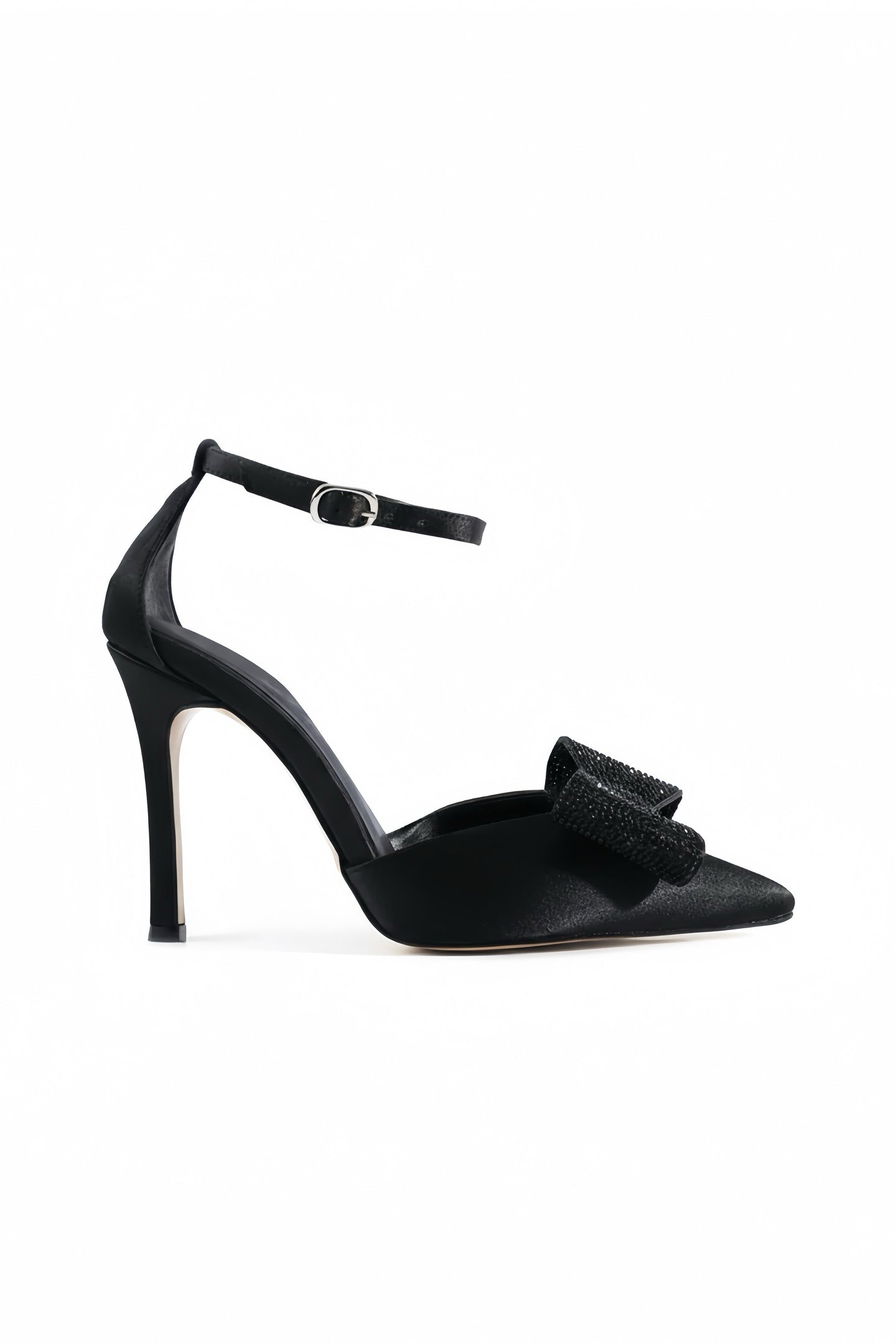Wendy | Black Satin High Heels with Rhinestone Bow