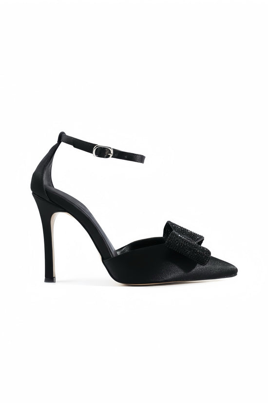 Wendy | Black Satin High Heels with Rhinestone Bow