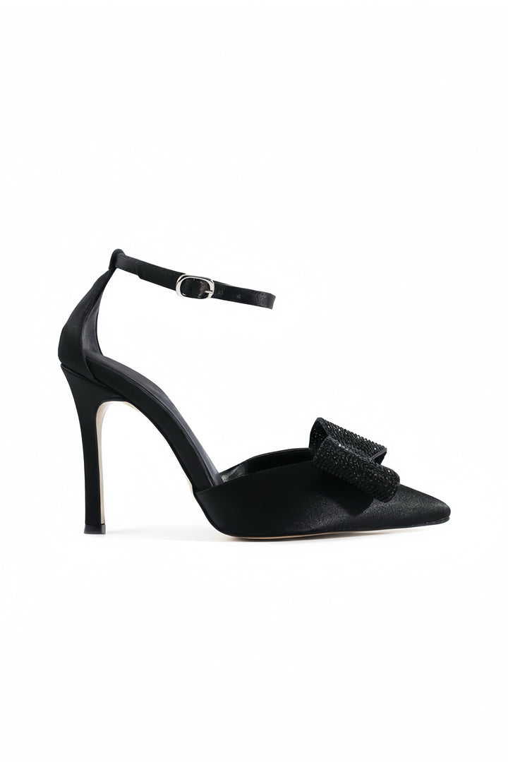 Wendy | Black Satin High Heels with Rhinestone Bow