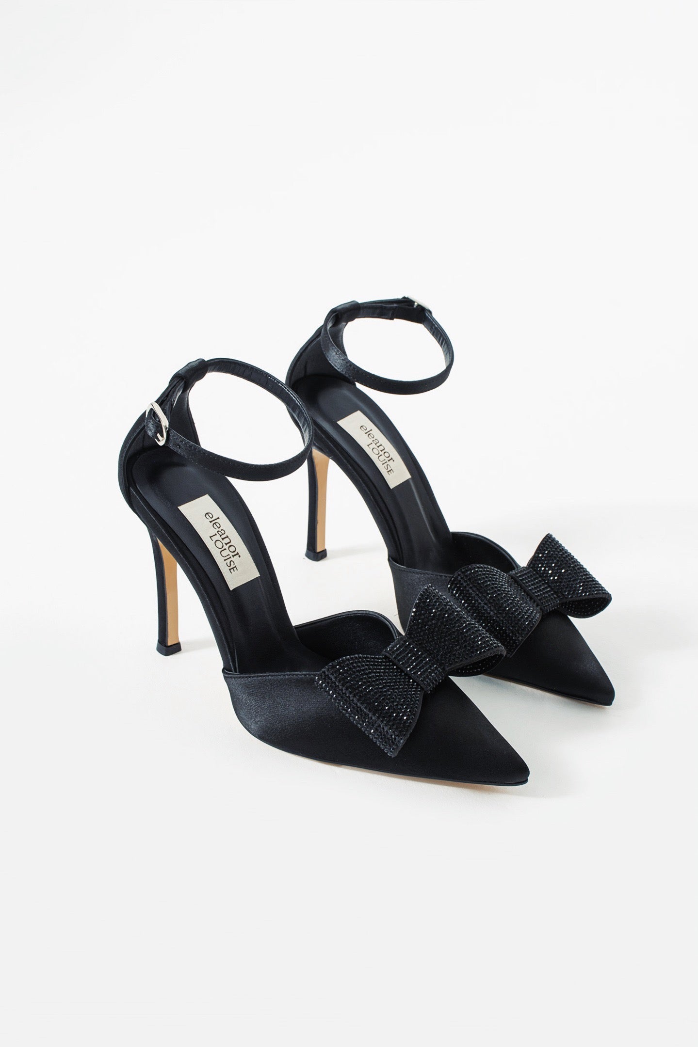Wendy | Black Satin High Heels with Rhinestone Bow