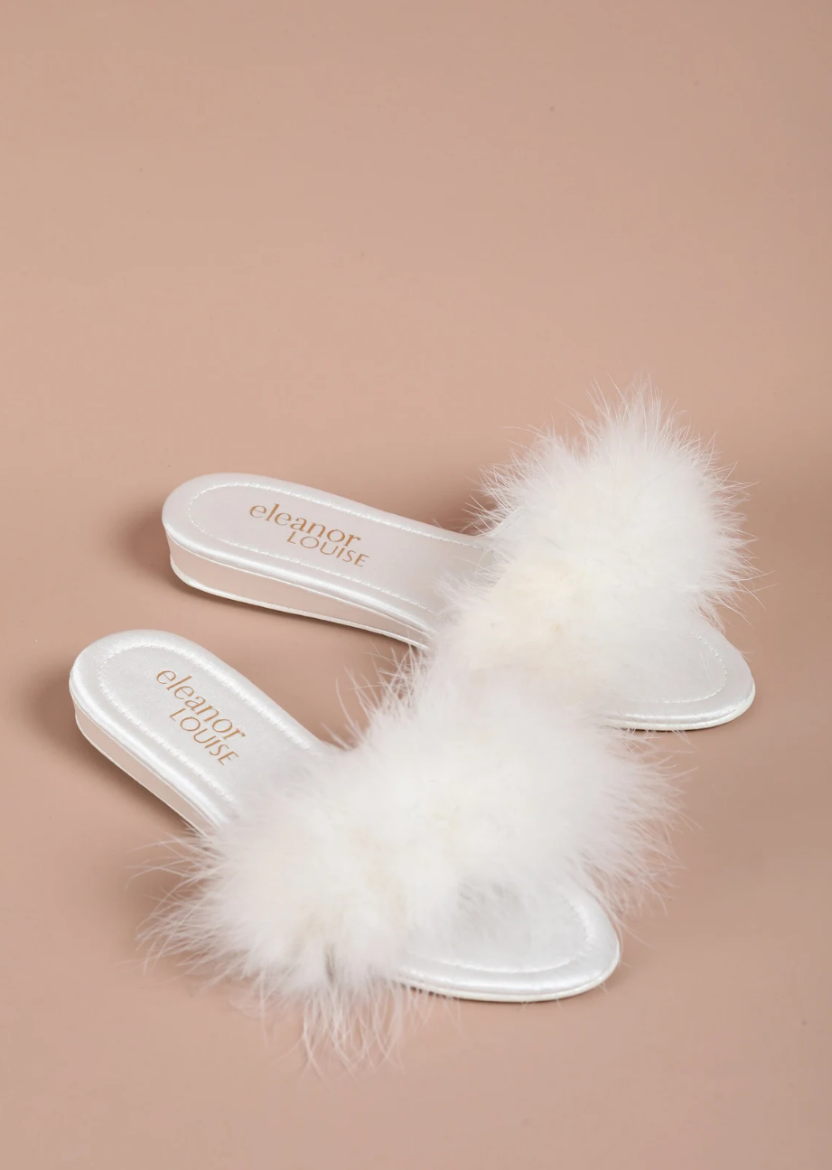 White Satin Low Feathers Slippers