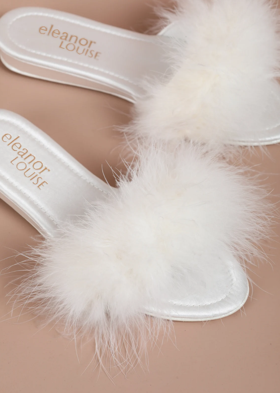 White Satin Low Feathers Slippers