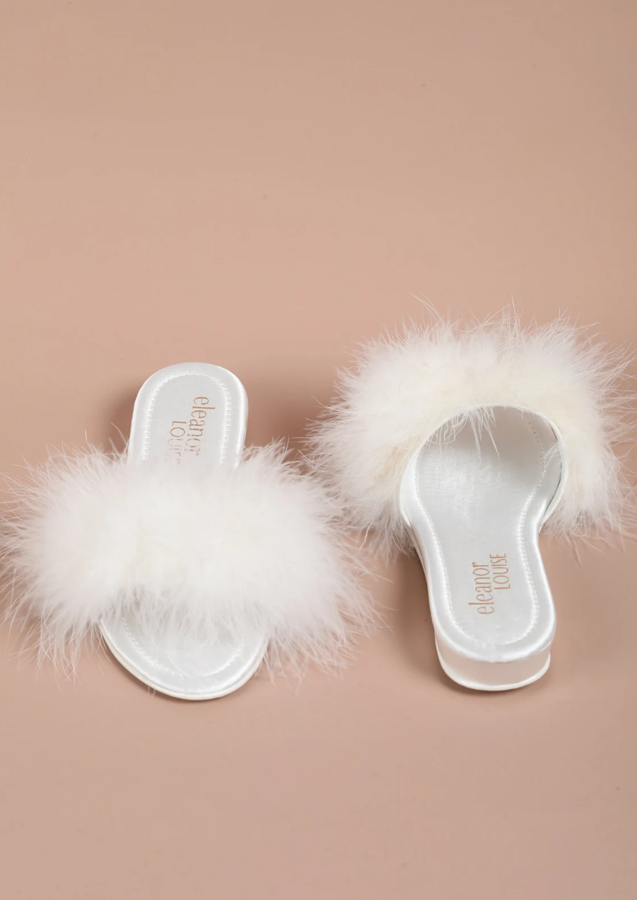 White Satin Low Feathers Slippers