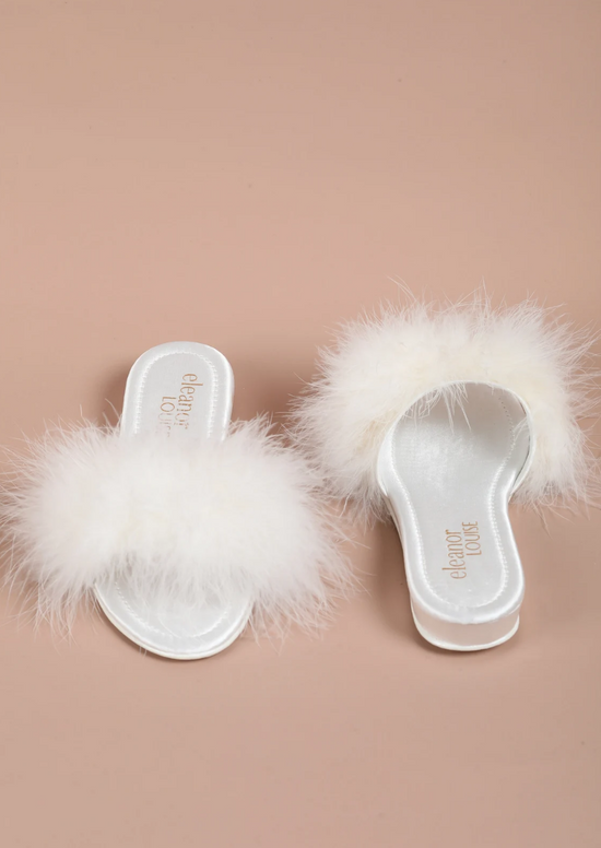 White Satin Low Feathers Slippers