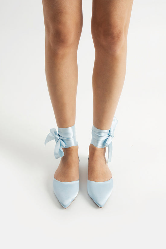 Paloma | Baby Blue Satin Flats with Ribbon